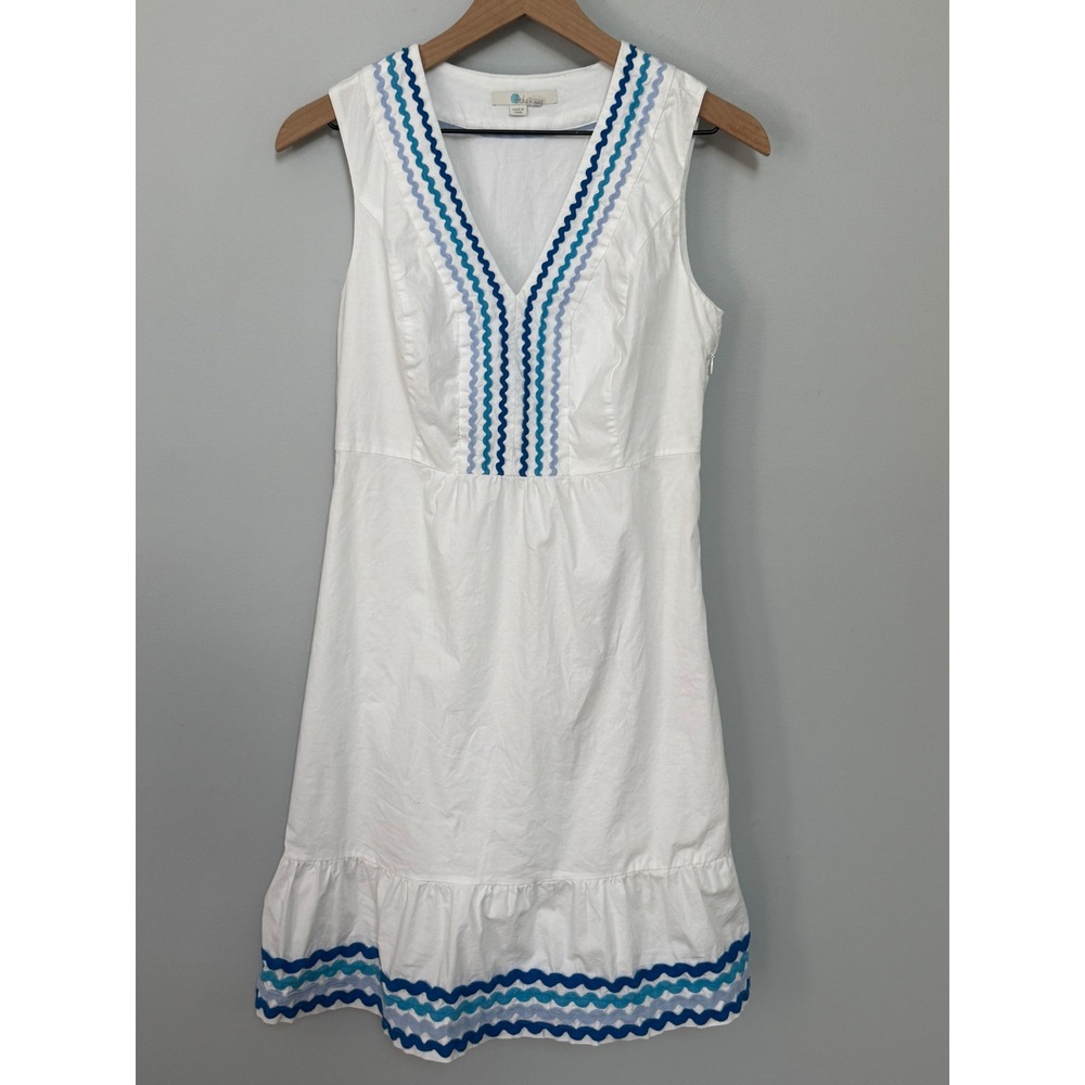 Boden Easy Rickrack Embroidered Trim Sleeveless V-Neck Dress White Blue Sz US 6R